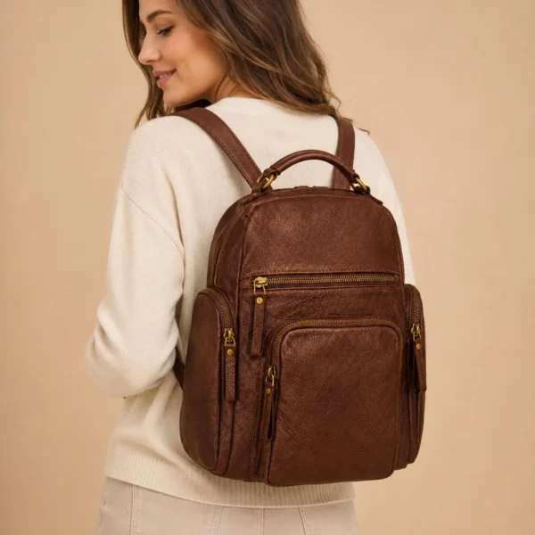 Dark Brown Leather Backpack with Side Pockets